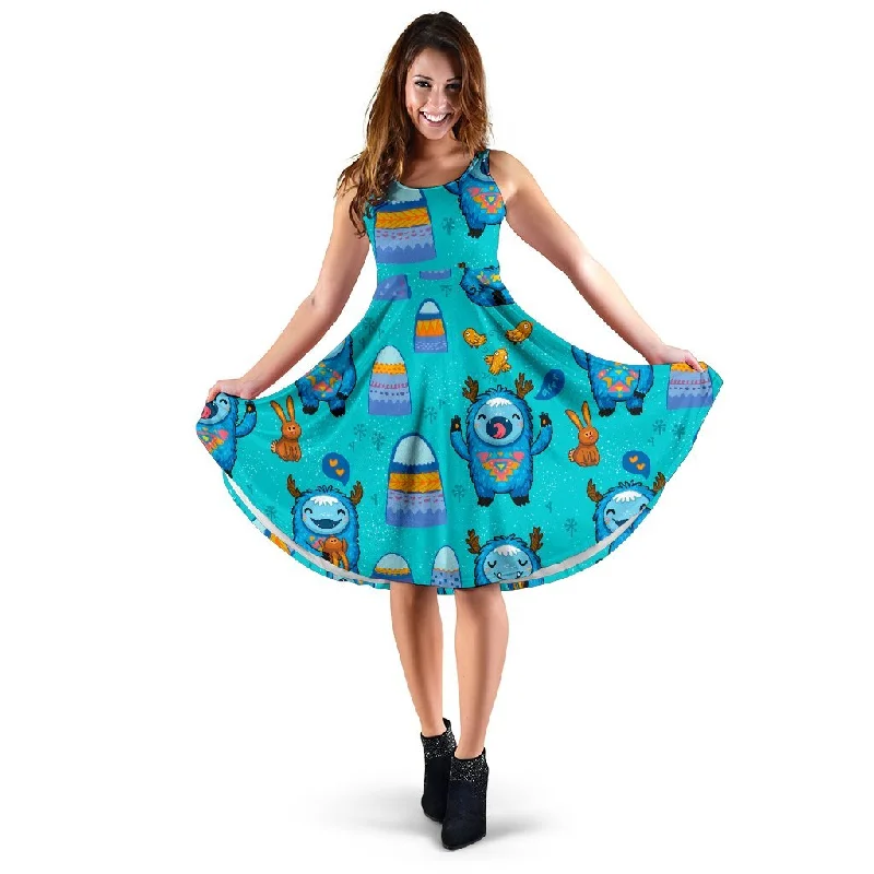 Blue Bigfoot Pattern Print Dress Tunics Versatile functional