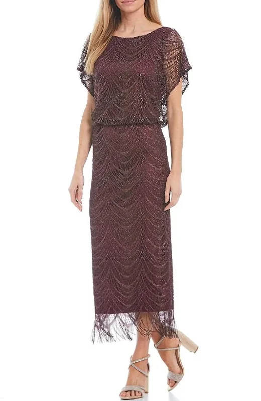 Fringe Hem Crochet Blouson Long Dress In Fig Tunics Silk luxurious