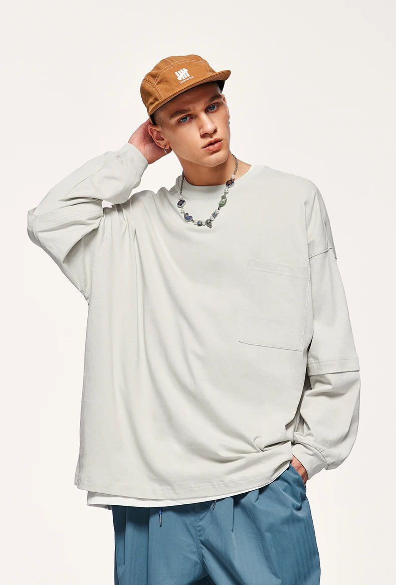 Pocket Layered Sleeve Basic Sweatshirt Hoodie with Contrast Stitching Detailed Premium
