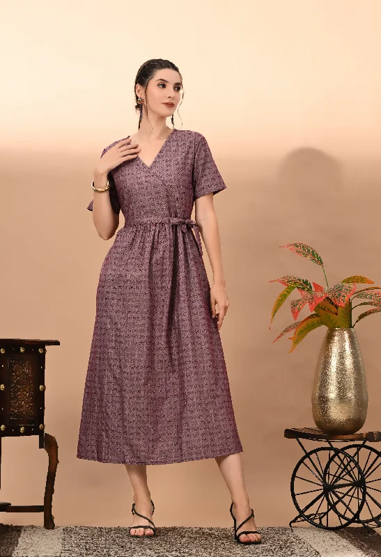 Women's Brown Cotton Doby  Dress - Kairab Tunics Winter warm