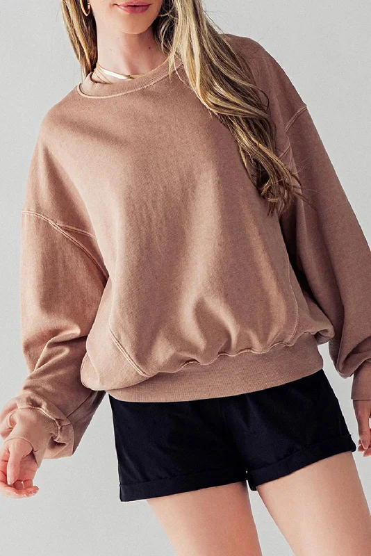 Chestnut Exposed Seam Batwing Sleeve Drop Shoulder Sweatshirt Hoodie with Hem Applique Textured Unique