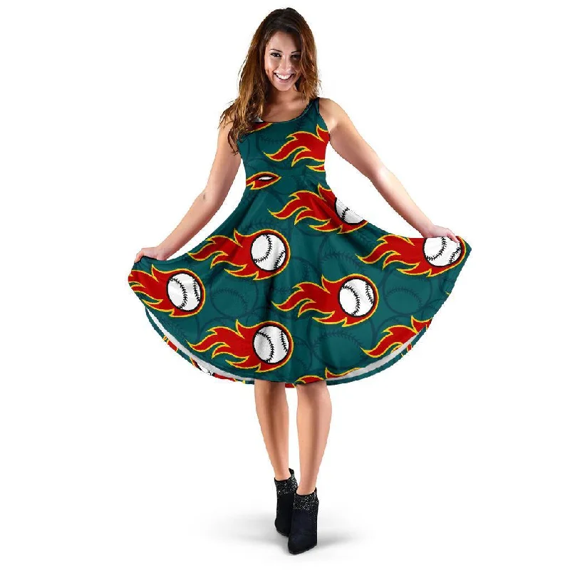 Baseball Fire Pattern Print Dress Turtleneck Neckline Stylish