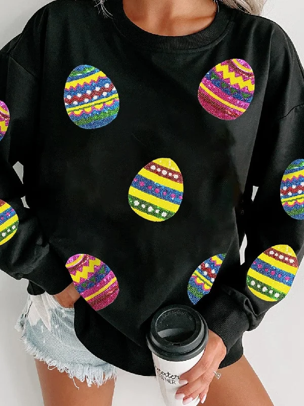 Cheerful Easter Egg Sequin Embellished Black Sweatshirt Hoodie with Frayed Bohemian Relaxed Cheerful Easter Egg Sequin Embellished Black Sweatshirt Hoodie with Frayed Bohemian Relaxed