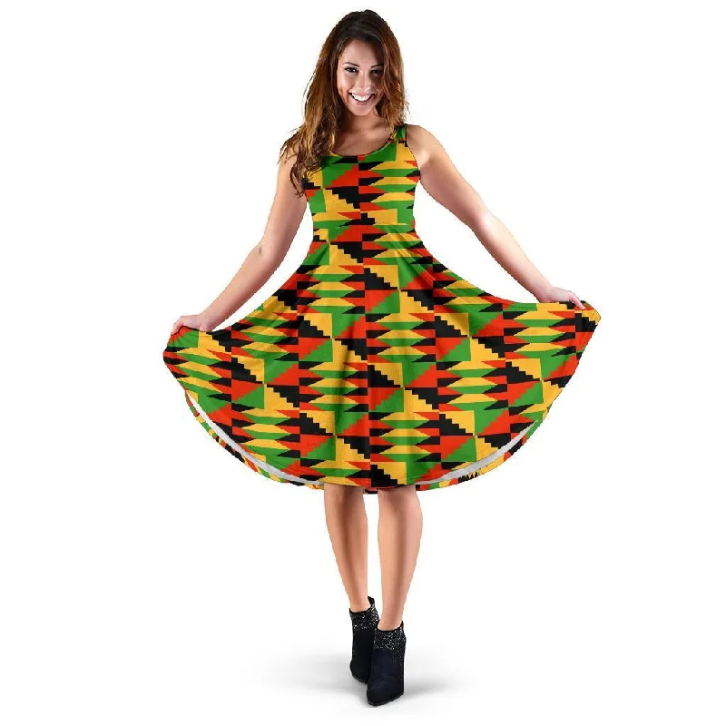 Kente African Pattern Print Dress Boat Neckline Classic
