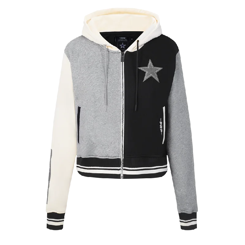 NFL DALLAS COWBOYS REVERSE FRENCH TERRY WOMEN'S COLOR BLOCK FLEECE FULL ZIP HOODIE (BLACK/GRAY/EGGSHELL) Hoodie with Tied Waist Feminine Flattering