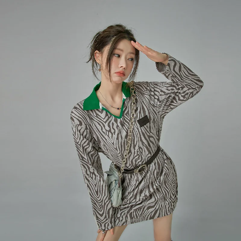 Zebra Print Mini Polo Dress Tunics Silk luxurious