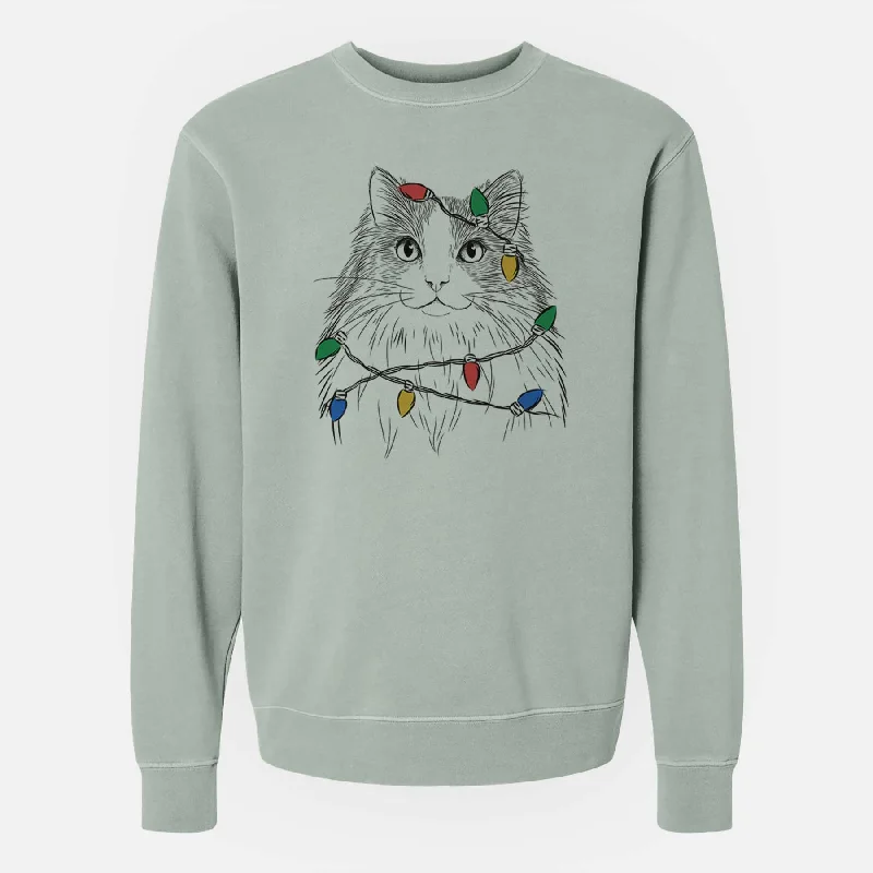 Christmas Lights Fiona the Ragdoll Cat - Unisex Pigment Dyed Crew Sweatshirt Hoodie with Side Slits Relaxed Casual