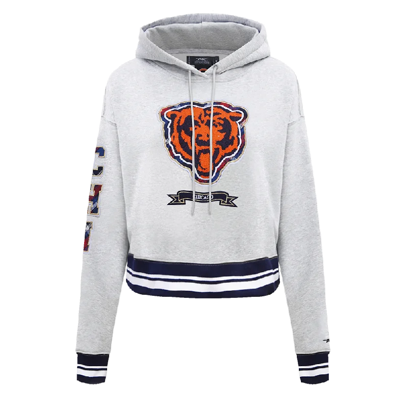 NFL CHICAGO BEARS PRO PREP RIB FLC WOMEN'S CROPPED PO HOODIE (HEATHER GREY/MIDNIGHT NAVY) Hoodie with Puffed Sleeves Voluminous Trendy