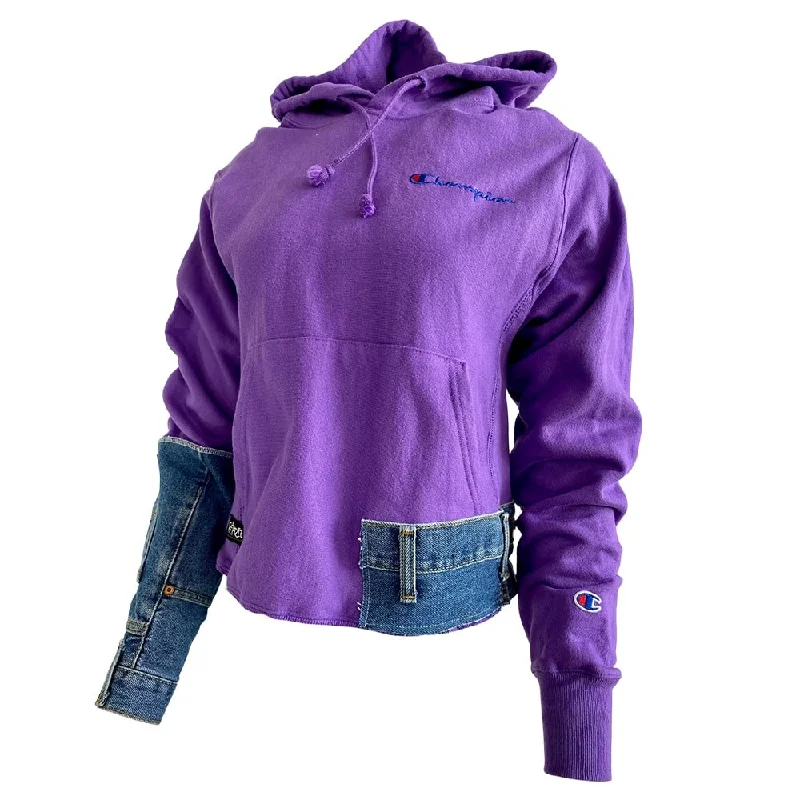 Champion Purple and Denim Unisex Hooded Sweatshirt Hoodie with Set-In Sleeves Structured Classic