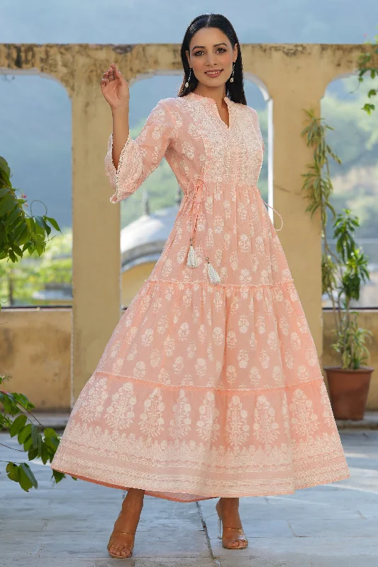 Women's Peach Cambric Floral Printed Maxi Tiered Dress - Juniper Tunics Stylish elegant
