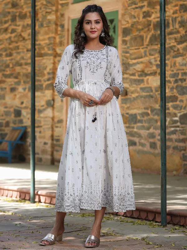 Women's White Cambric Printed Flared Dress - Juniper sweetheart Neckline Romantic