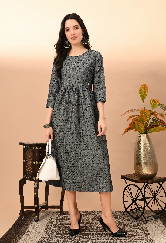 Women's Black Cotton Doby  Dress - Kairab Turtleneck Warm Winter