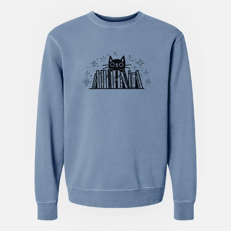 Kitty Library - Black Cat Behind Books - Unisex Pigment Dyed Crew Sweatshirt Hoodie with Raw Hem Edgy Unfinished