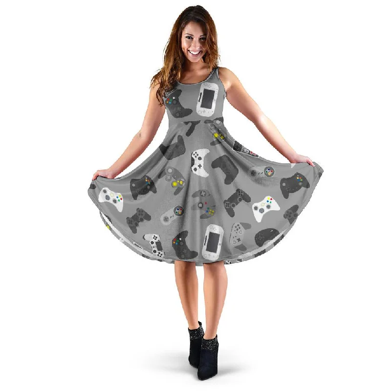 Gaming Joystick Print Pattern Dress Square Neckline Feminine