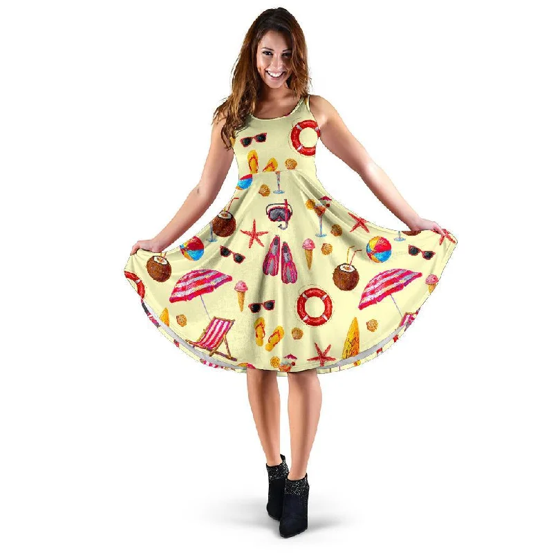 Beach Pattern Print Dress Square Neckline Feminine