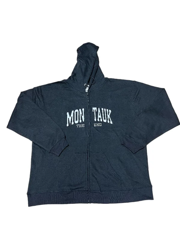 Adult Unisex Zippered Hoodie with Embroidered Montauk The End in Black Hoodie with Hem Contrast Bold Stylish