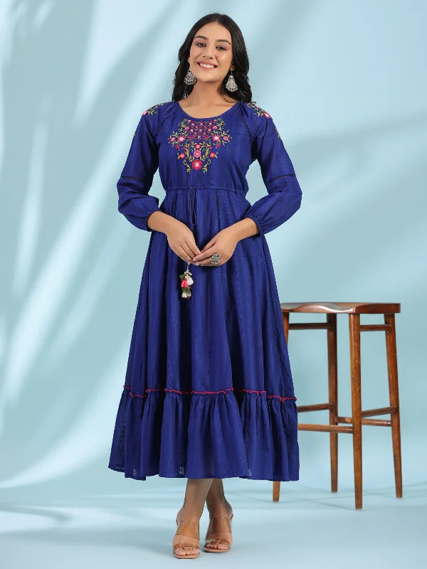 Women's Indigo Cotton Dobby Embroidered Dress - Juniper Tunics Trendy modern