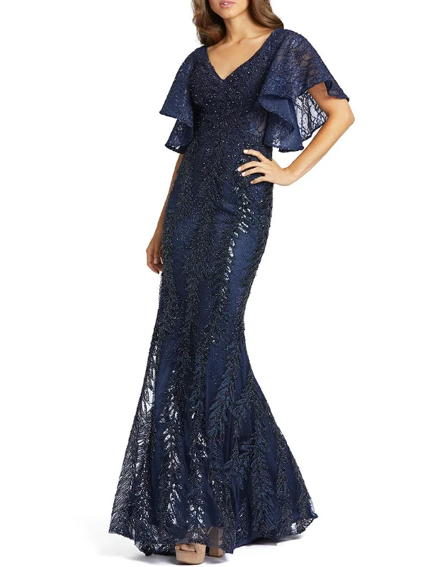 Womens Embellished Flutter Sleeve Evening Dress Maxi Flowy Bohemian