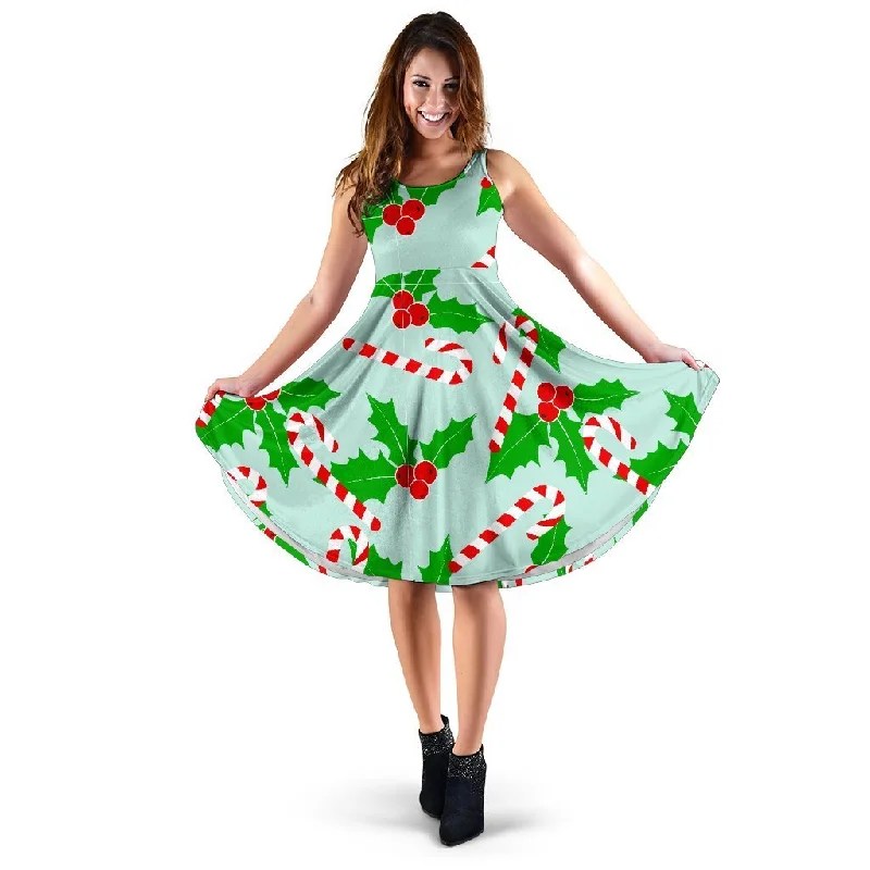 Christmas Candy Cane Pattern Print Dress Halter Neckline Beach