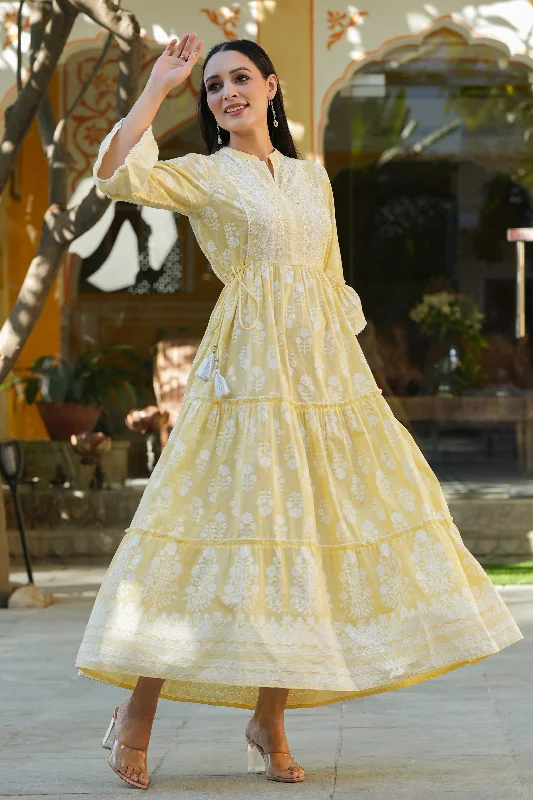 Women's Lemon Yellow  Printed Teired Dress - Juniper Tunics Essential wardrobe