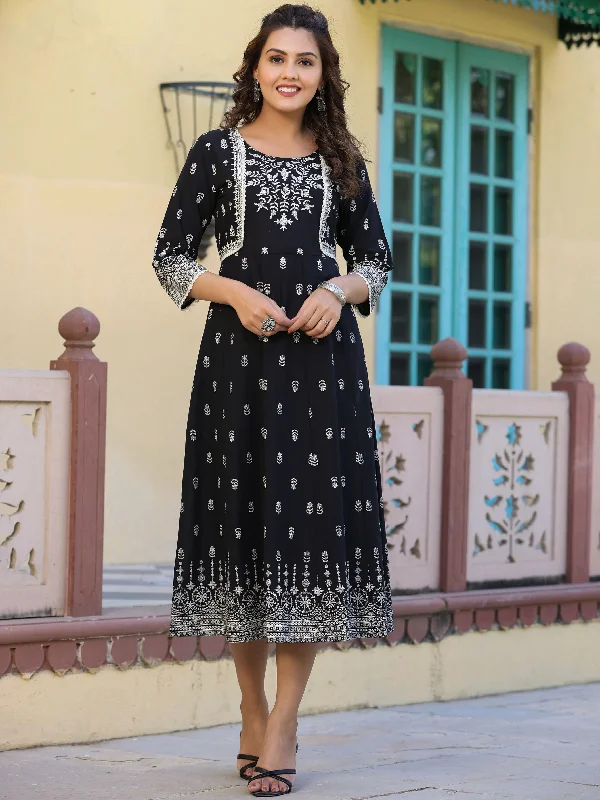 Women's Black Printed Anarkali Flared Dress - Juniper Tunics Chic elegant
