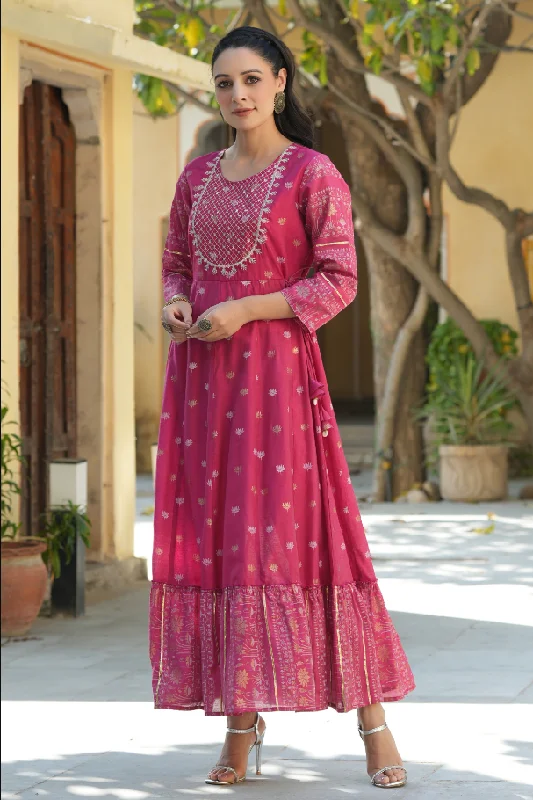 Women's Fuchsia Mono Viscose Printed  With Embroidery Flared Dress - Juniper Tunics Plaid country