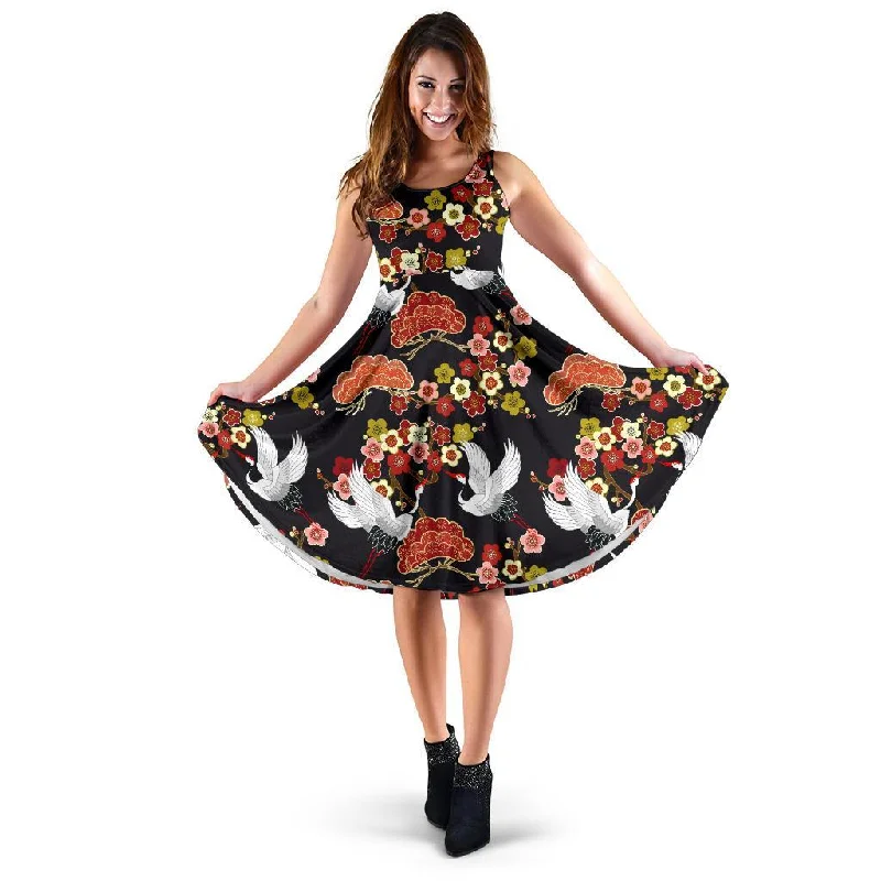 Heron Japanese Print Pattern Dress Tunics Business professional