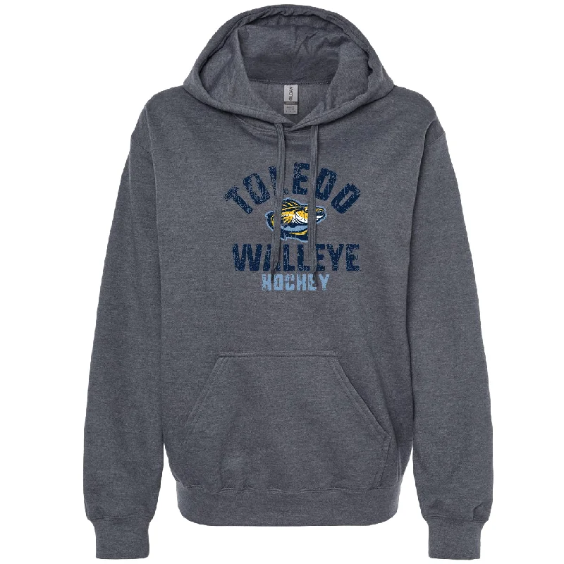Toledo Walleye Issues Softstyle Hooded Sweatshirt Hoodie with Hem Applique Textured Unique