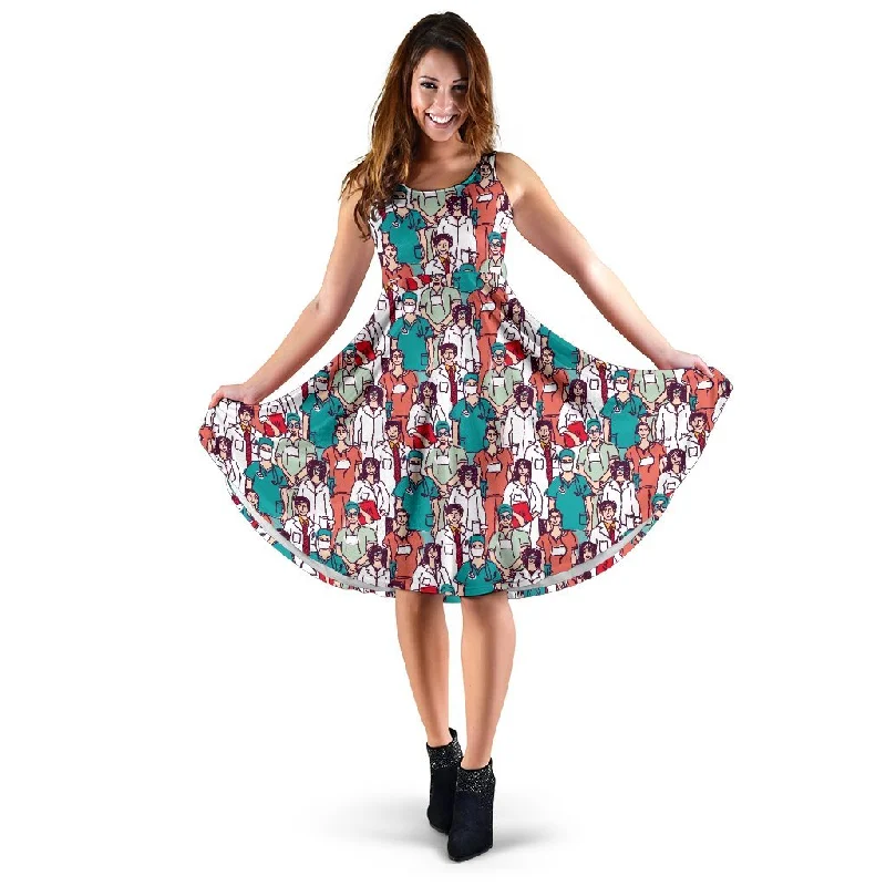 Docter Nurse Pattern Print Dress Tunics Satin smooth