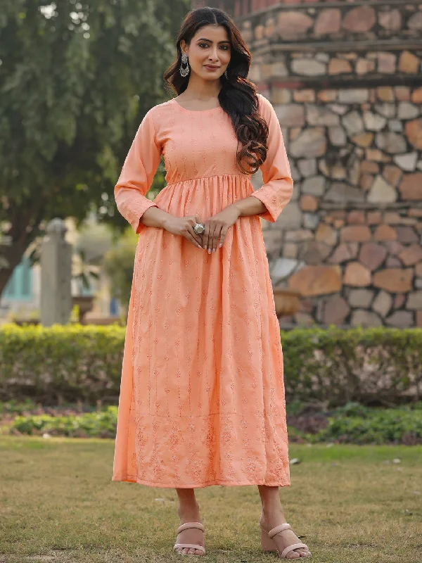 Women's Peach Festive Embroiderd Flared Dress - Juniper Tunics Short Trendy