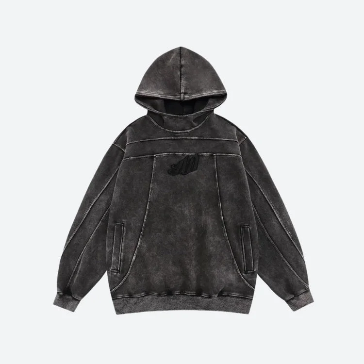 Grunge Dark Washed Embroidered Hoodie Hoodie with V-Neck Classic Versatile