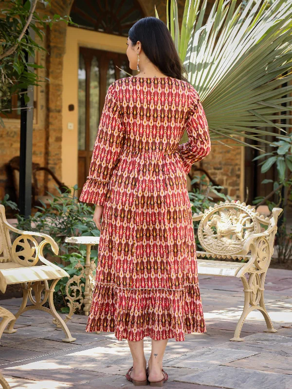 Women's Maroon Cotton Voile Printed Dress - Juniper Shift Classic Vintage