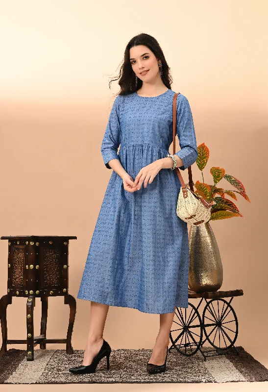 Women's Blue Cotton Doby  Dress - Kairab Tunics Short Trendy