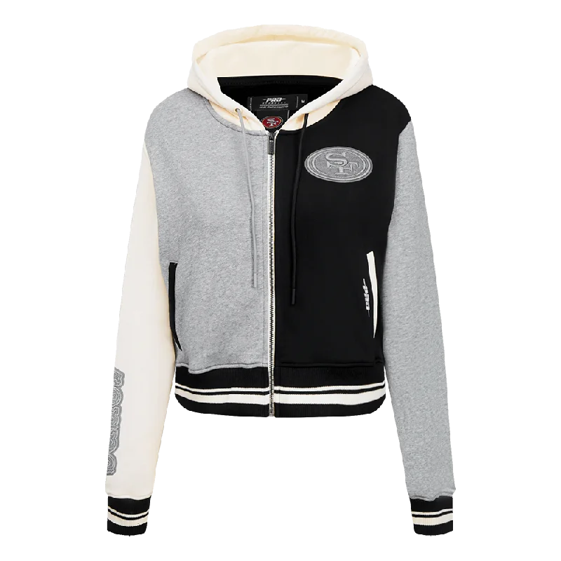 NFL SAN FRANCISCO 49ERS REVERSE FRENCH TERRY WOMEN'S COLOR BLOCK FLEECE FULL ZIP HOODIE (BLACK/GRAY/EGGSHELL) Hoodie with Emblem Brand Identity