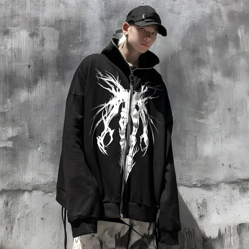 Cyberpunk Ghost Full Zip-Up Hoodie Hoodie with Raglan Sleeves Sporty Comfortable