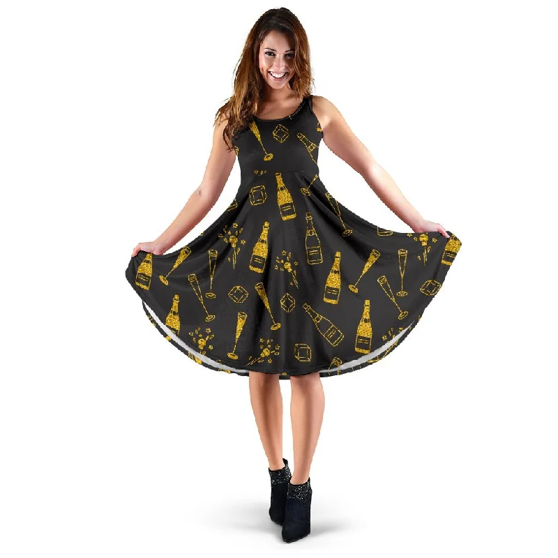 Champagne Gold Glitter Pattern Print Dress Tunics Silk luxurious