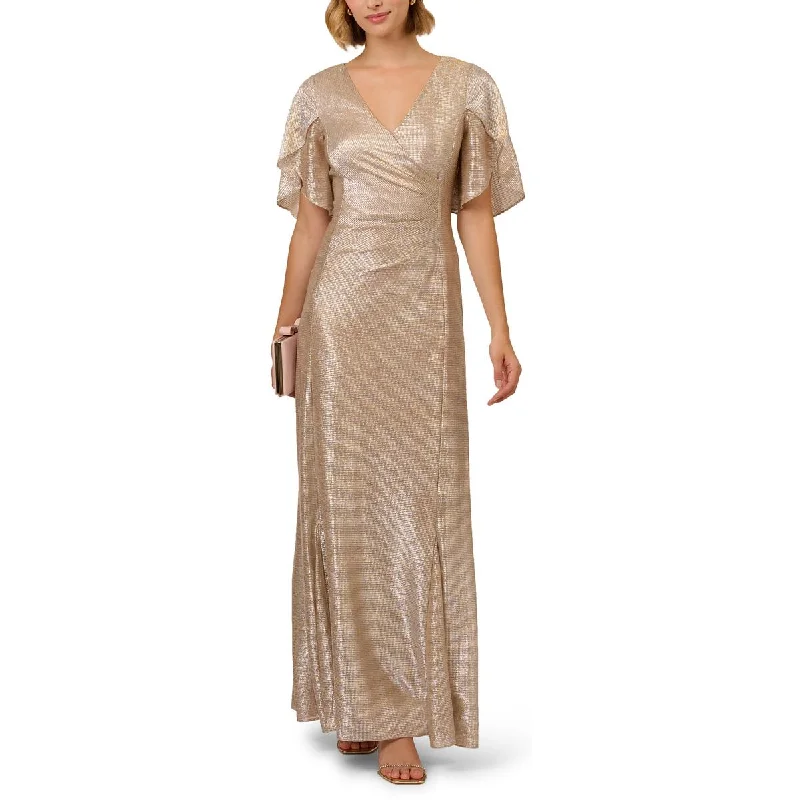 Womens Metallic Flutter Evening Dress Tunics Yoga stretchy
