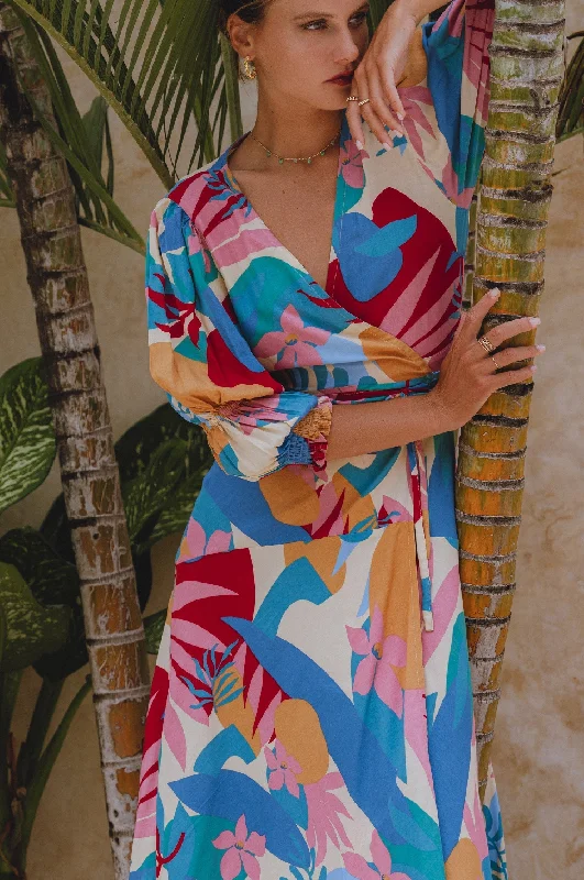 Set Sail Puff Sleeve Wrap Cotton Dress Crew Neckline Casual