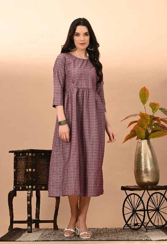 Women's Brown Cotton Doby  Dress - Kairab Tunics Plaid country