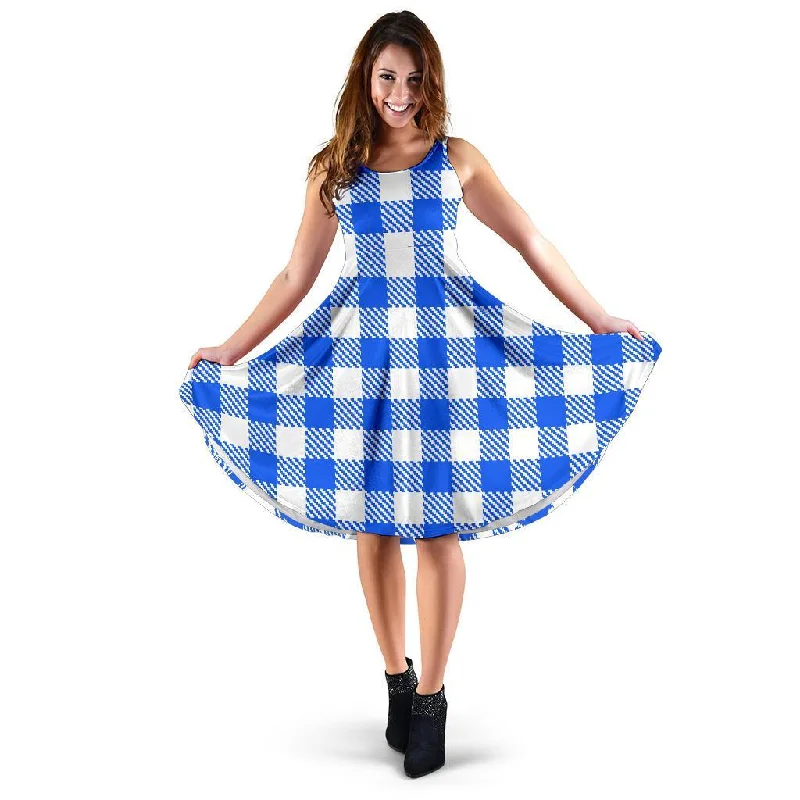 Gingham Blue Pattern Print Dress Shift Classic Vintage