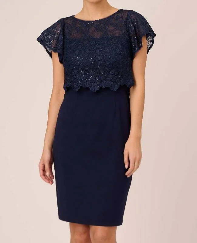 Sequined Guipure Lace Popover Sheath Dress In Navy Tunics Denim casual