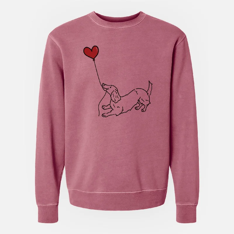 Long Haired Dachshund Heart String - Unisex Pigment Dyed Crew Sweatshirt Hoodie with Snap Buttons Easy Quick
