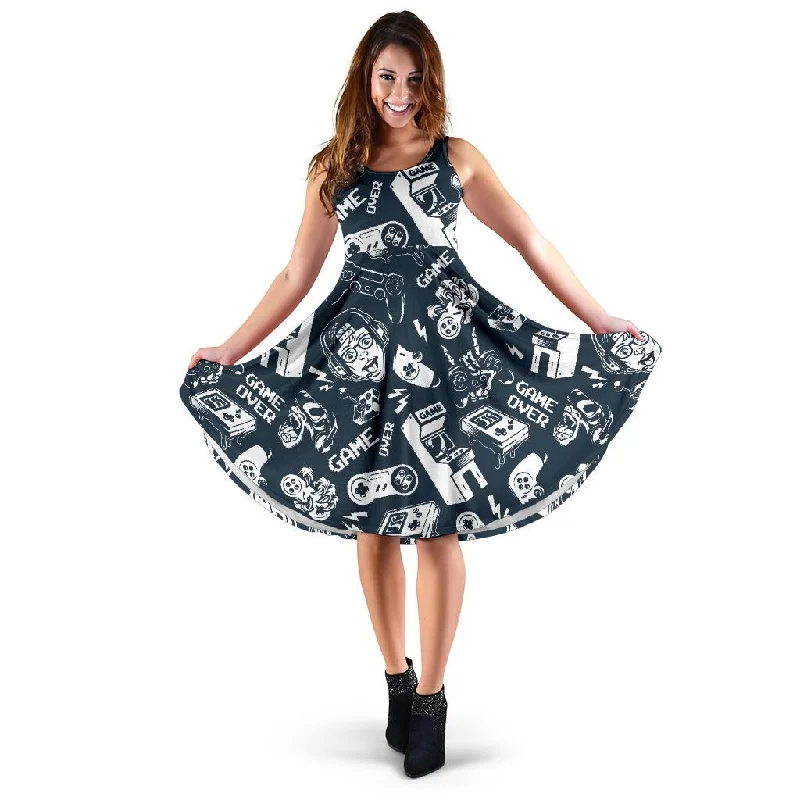 Gaming Pattern Print Dress Boat Neckline Classic