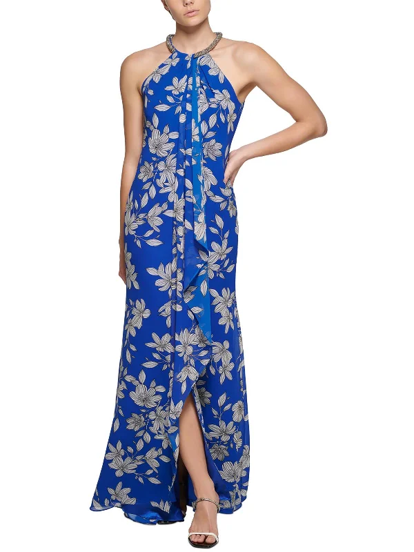 Womens Drapey Halter Evening Dress Square Neckline Feminine