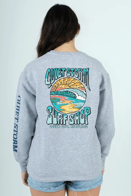 Wave Search Open Bottom Crew Sweatshirt Hoodie with Stripes Bold Sporty