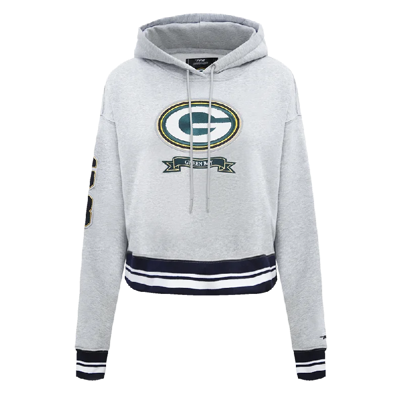 NFL GREEN BAY PACKERS PRO PREP RIB FLC WOMEN'S CROPPED PO HOODIE (HEATHER GRAY/BLACK) Hoodie with Set-In Sleeves Structured Classic