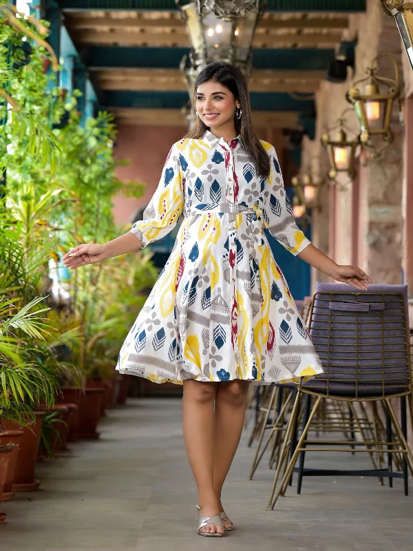 Women's Yellow Liva Rayon Staple Printed Dress - Juniper Tunics Practical easy-care