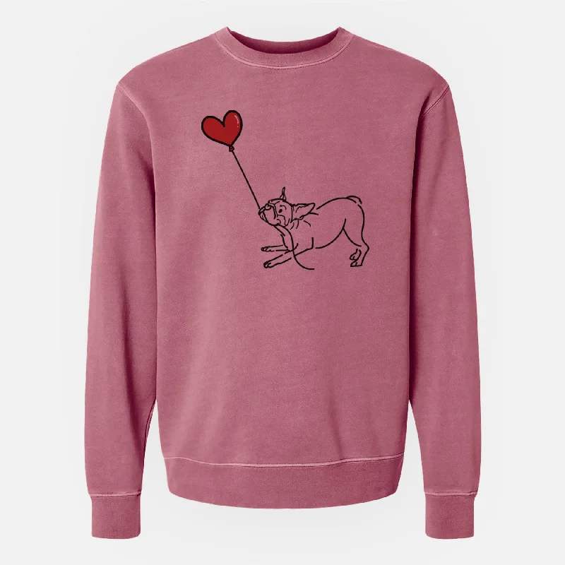 Boston Terrier Heart String - Unisex Pigment Dyed Crew Sweatshirt Hoodie with Hem Frayed Vintage Worn