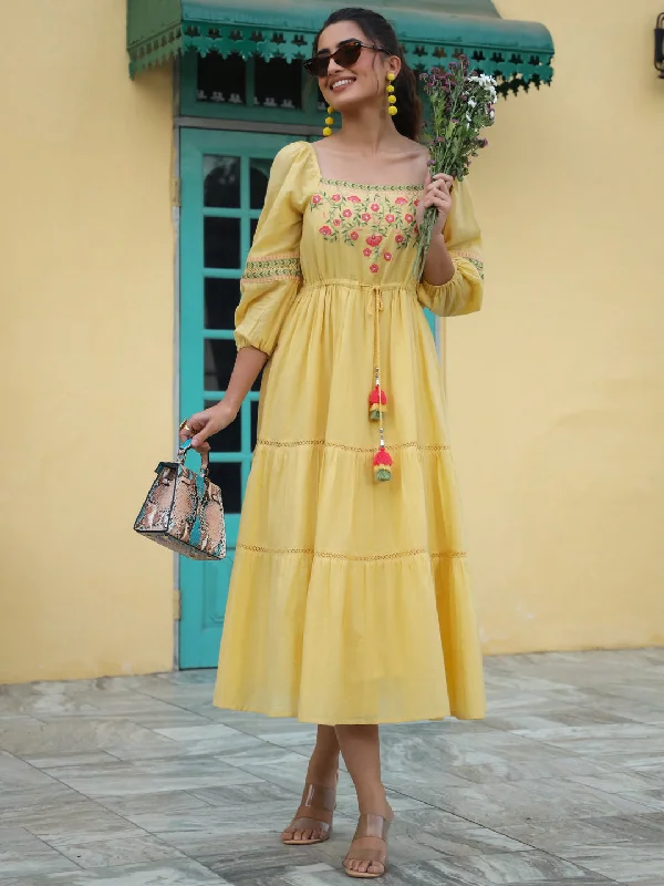 Women's Yellow Cotton Dobby Embroidered Flared Dress - Juniper Halter Neckline Beach