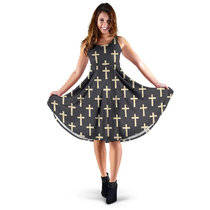 Christian Cross Pattern Print Dress Square Neckline Feminine